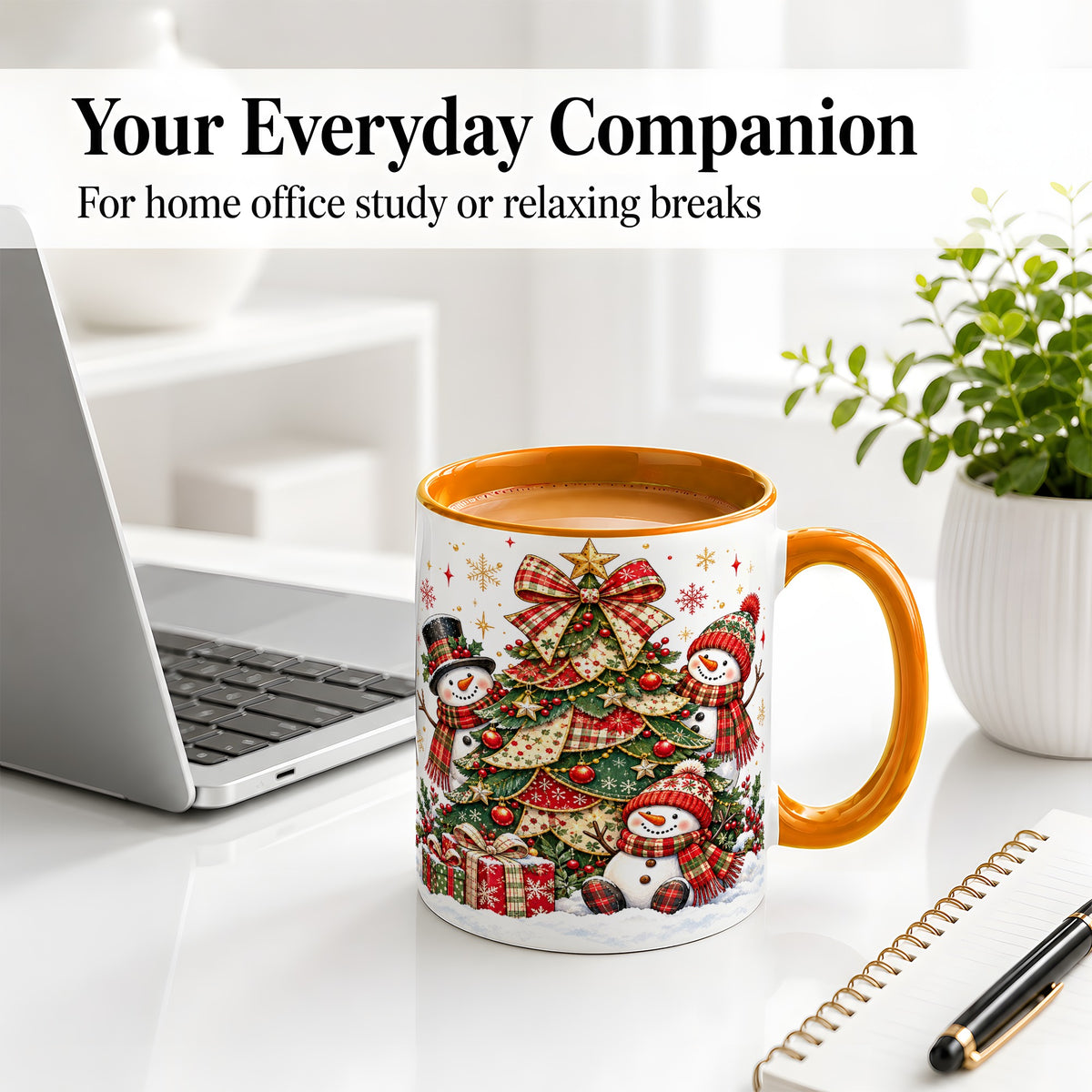 #pl[11oz|Orange] Christmas Snowman Family Accent Mug, Ceramic Cup with Plaid Tree