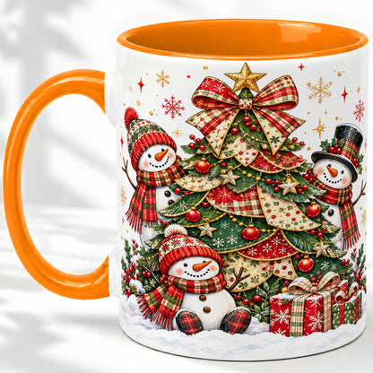 #pl[11oz|Orange] Christmas Snowman Family Accent Mug, Ceramic Cup with Plaid Tree
