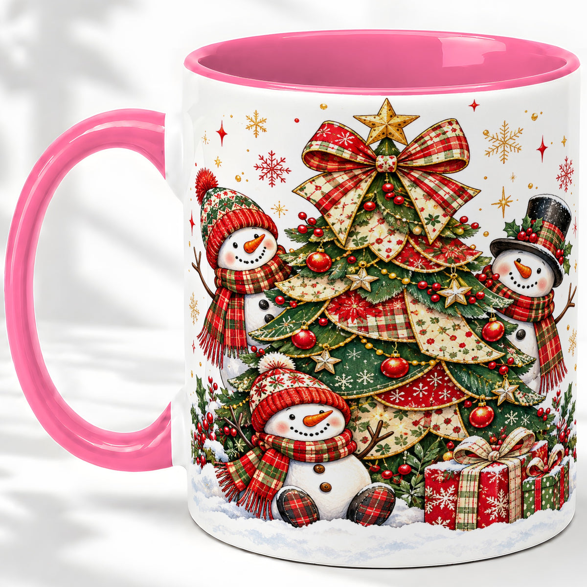 #pl[11oz|Pink] Christmas Snowman Family Accent Mug, Ceramic Cup with Plaid Tree