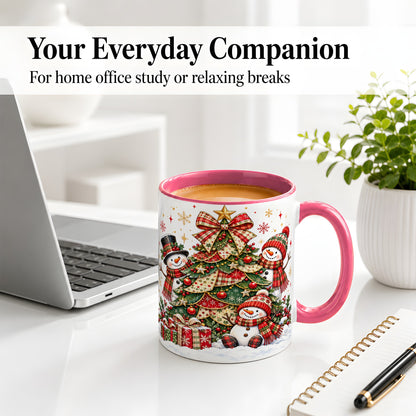 #pl[11oz|Pink] Christmas Snowman Family Accent Mug, Ceramic Cup with Plaid Tree