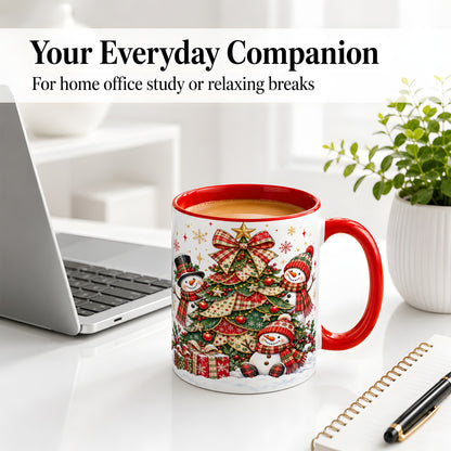 #pl[11oz|Red] Christmas Snowman Family Accent Mug, Ceramic Cup with Plaid Tree