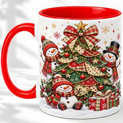 Christmas Snowman Family Accent Mug, Ceramic Cup with Plaid Tree