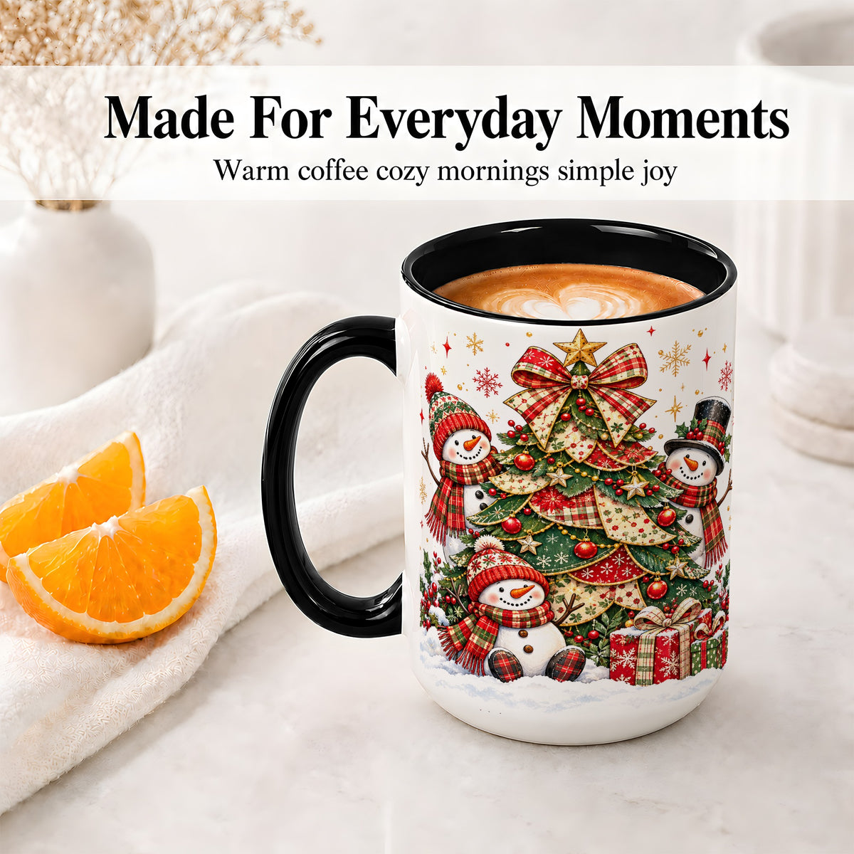 #pl[15oz|Black] Christmas Snowman Family Accent Mug, Ceramic Cup with Plaid Tree