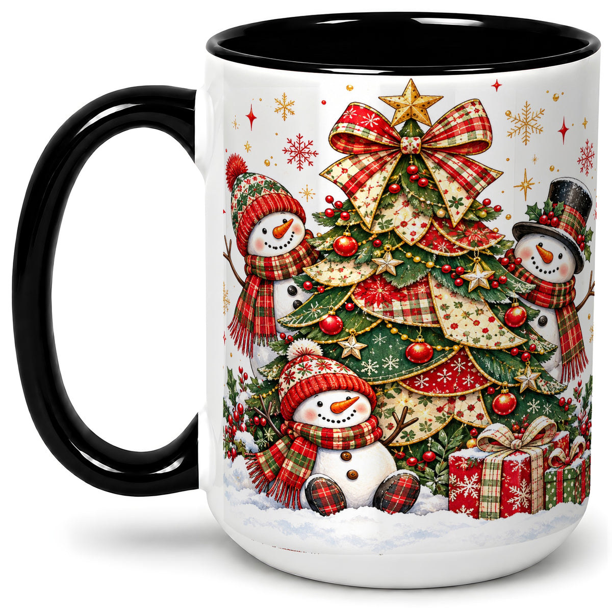 #pl[15oz|Black] Christmas Snowman Family Accent Mug, Ceramic Cup with Plaid Tree
