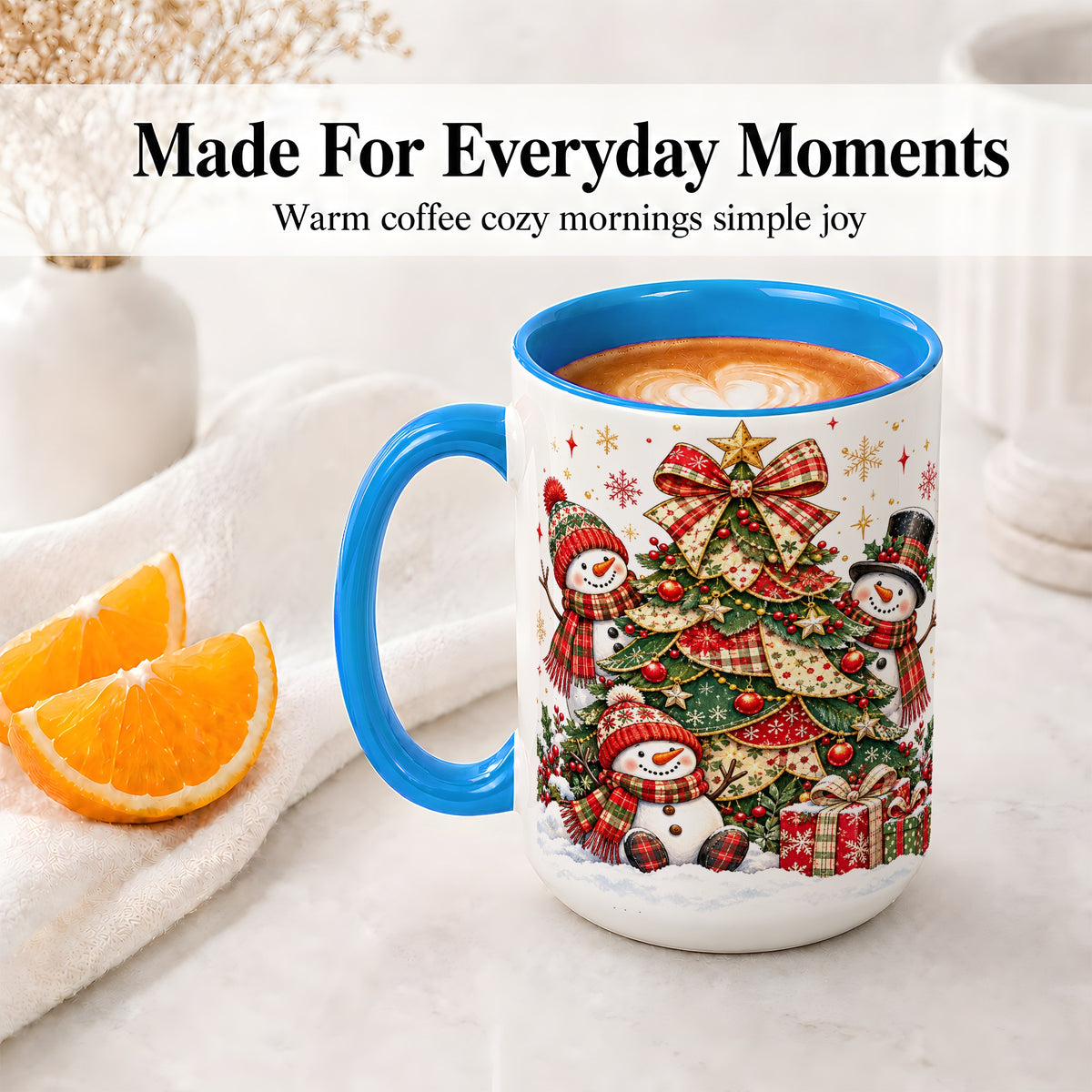 #pl[15oz|Blue] Christmas Snowman Family Accent Mug, Ceramic Cup with Plaid Tree