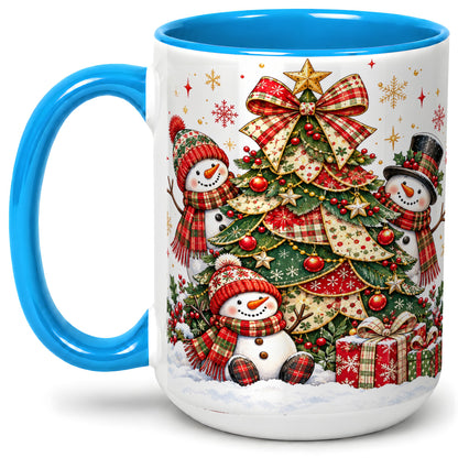 #pl[15oz|Blue] Christmas Snowman Family Accent Mug, Ceramic Cup with Plaid Tree