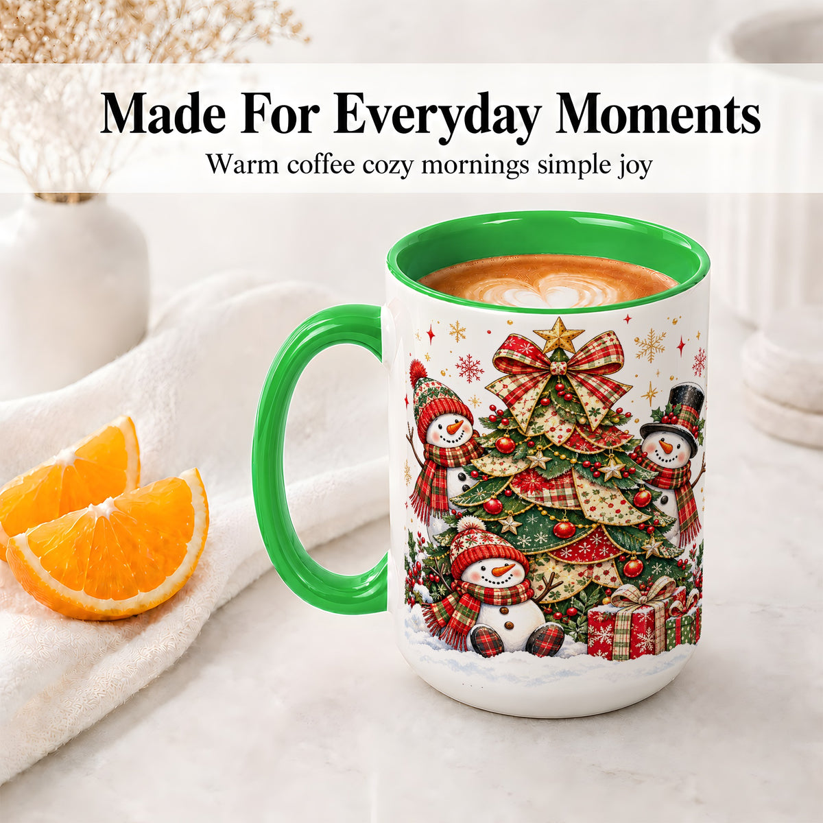 #pl[15oz|Green] Christmas Snowman Family Accent Mug, Ceramic Cup with Plaid Tree
