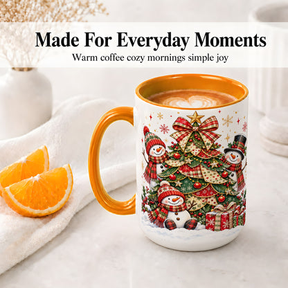 #pl[15oz|Orange] Christmas Snowman Family Accent Mug, Ceramic Cup with Plaid Tree