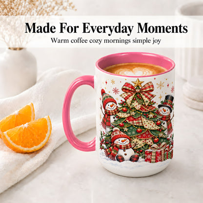 #pl[15oz|Pink] Christmas Snowman Family Accent Mug, Ceramic Cup with Plaid Tree