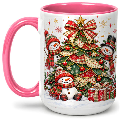 #pl[15oz|Pink] Christmas Snowman Family Accent Mug, Ceramic Cup with Plaid Tree