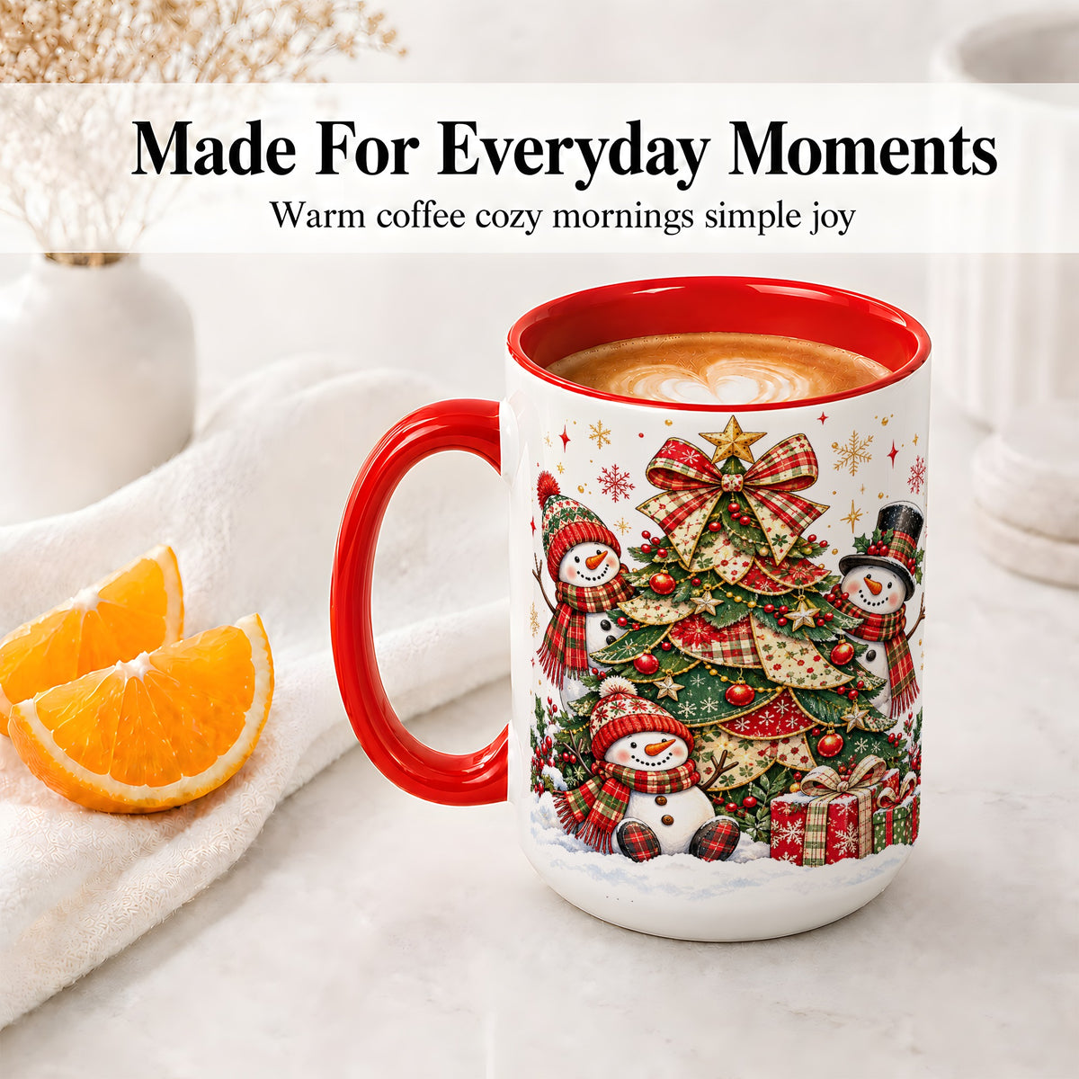 #pl[15oz|Red] Christmas Snowman Family Accent Mug, Ceramic Cup with Plaid Tree