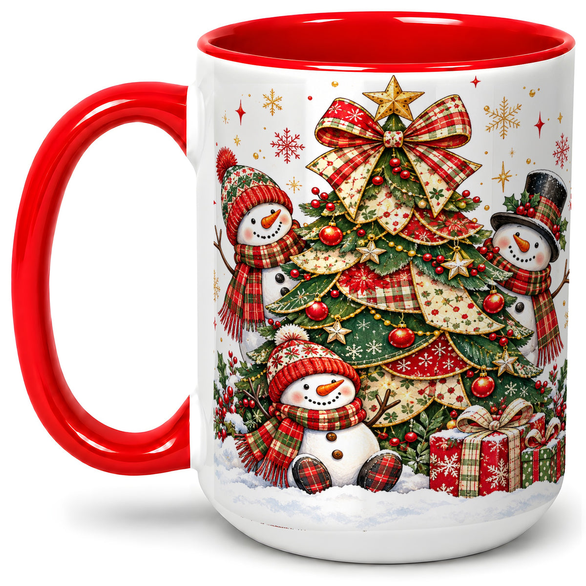 #pl[15oz|Red] Christmas Snowman Family Accent Mug, Ceramic Cup with Plaid Tree