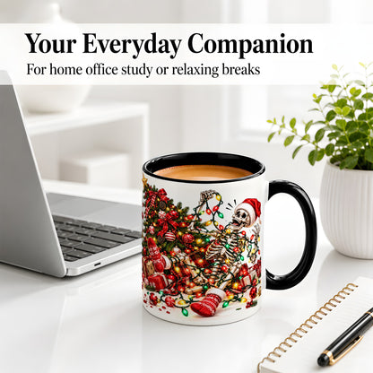 #pl[11oz|Black] Funny Christmas Skeleton Accent Mug, Ceramic Cup with Holiday Lights
