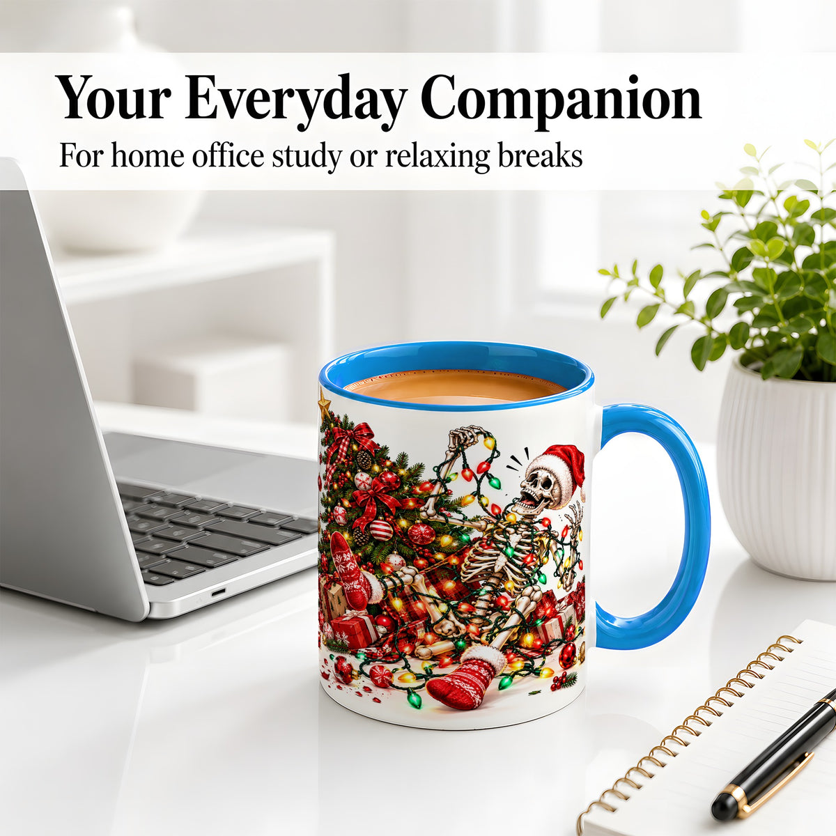 #pl[11oz|Blue] Funny Christmas Skeleton Accent Mug, Ceramic Cup with Holiday Lights