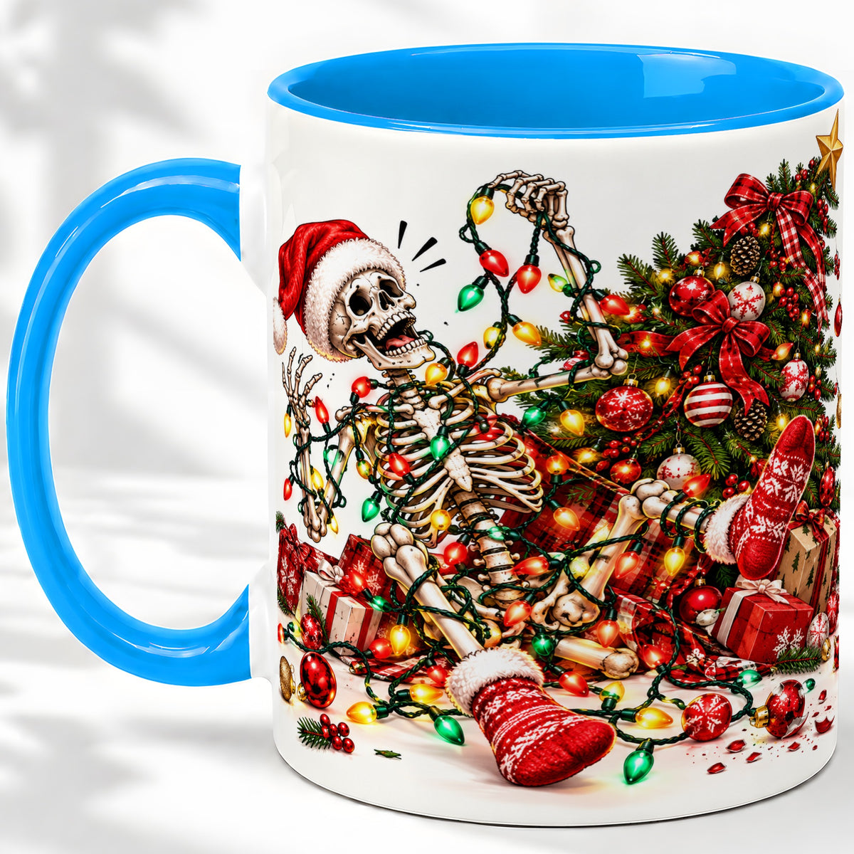 #pl[11oz|Blue] Funny Christmas Skeleton Accent Mug, Ceramic Cup with Holiday Lights