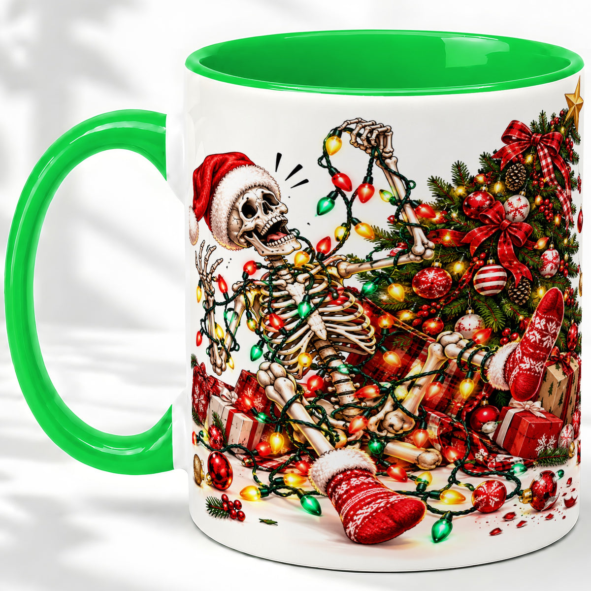 #pl[11oz|Green] Funny Christmas Skeleton Accent Mug, Ceramic Cup with Holiday Lights