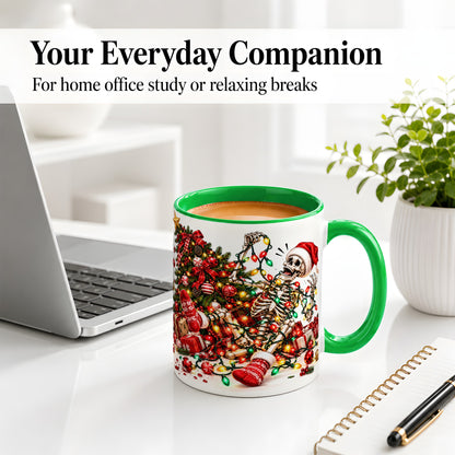 #pl[11oz|Green] Funny Christmas Skeleton Accent Mug, Ceramic Cup with Holiday Lights