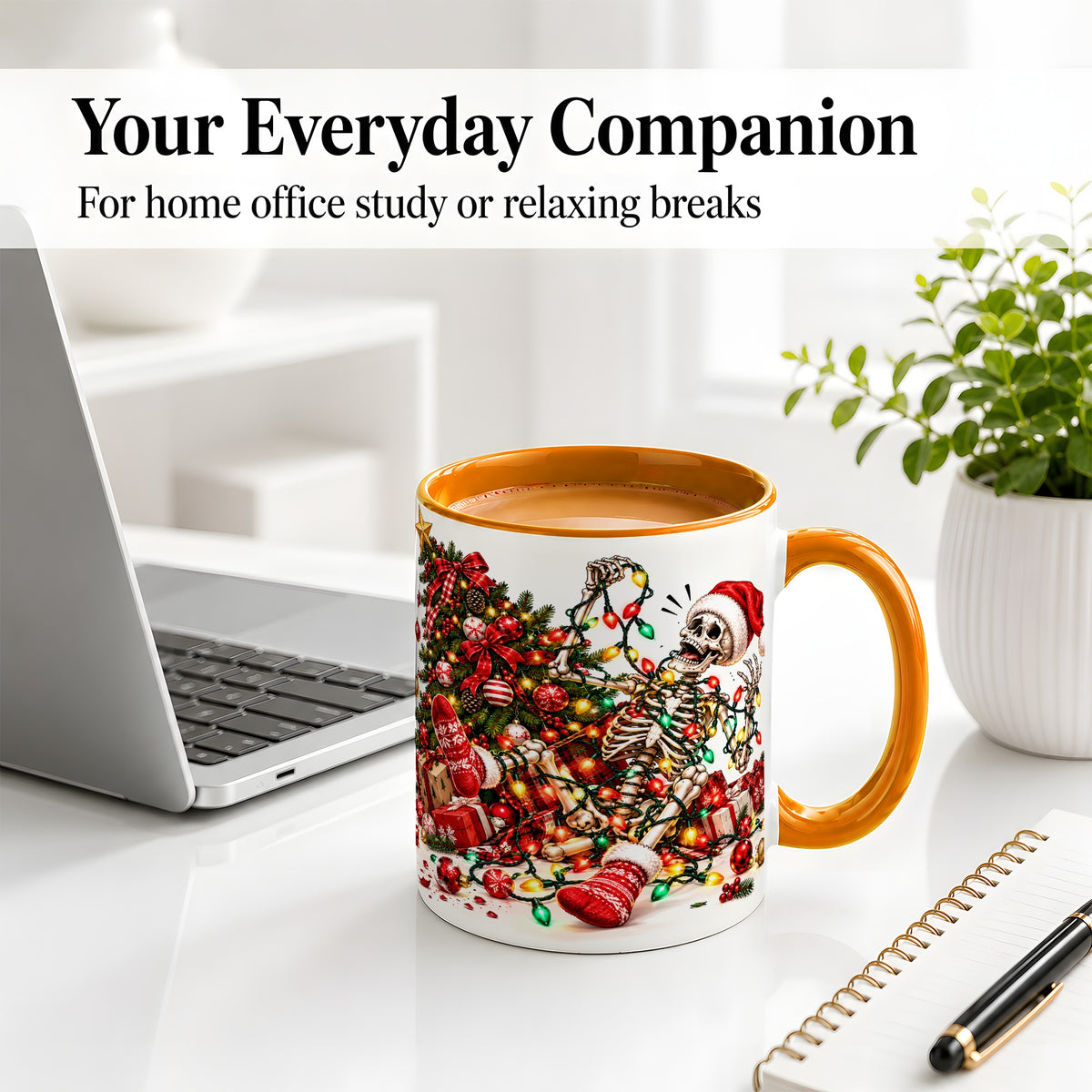 #pl[11oz|Orange] Funny Christmas Skeleton Accent Mug, Ceramic Cup with Holiday Lights