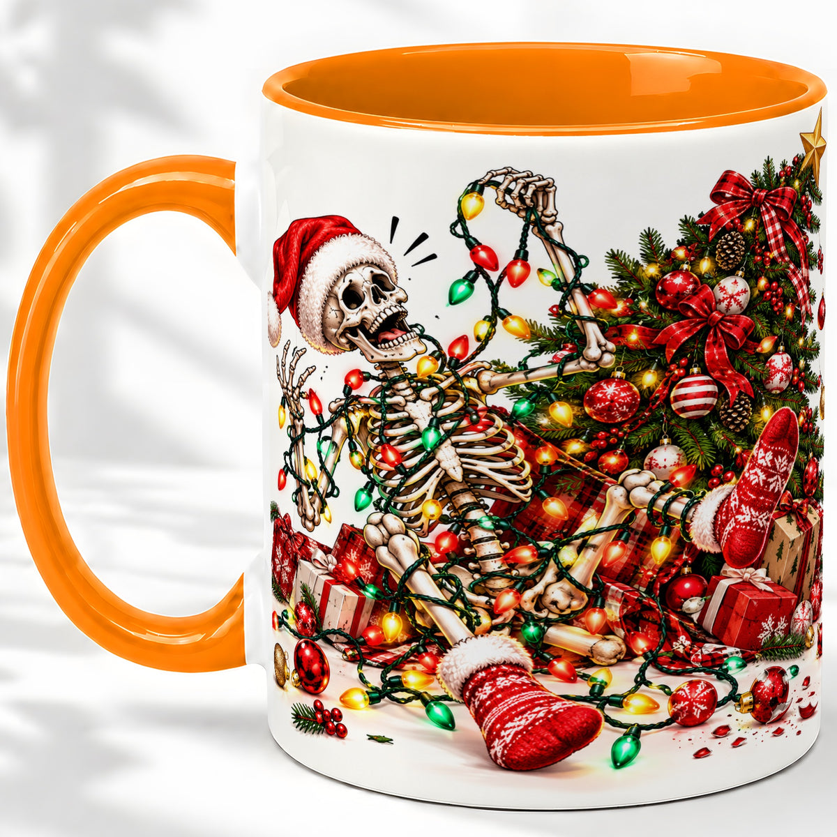 #pl[11oz|Orange] Funny Christmas Skeleton Accent Mug, Ceramic Cup with Holiday Lights