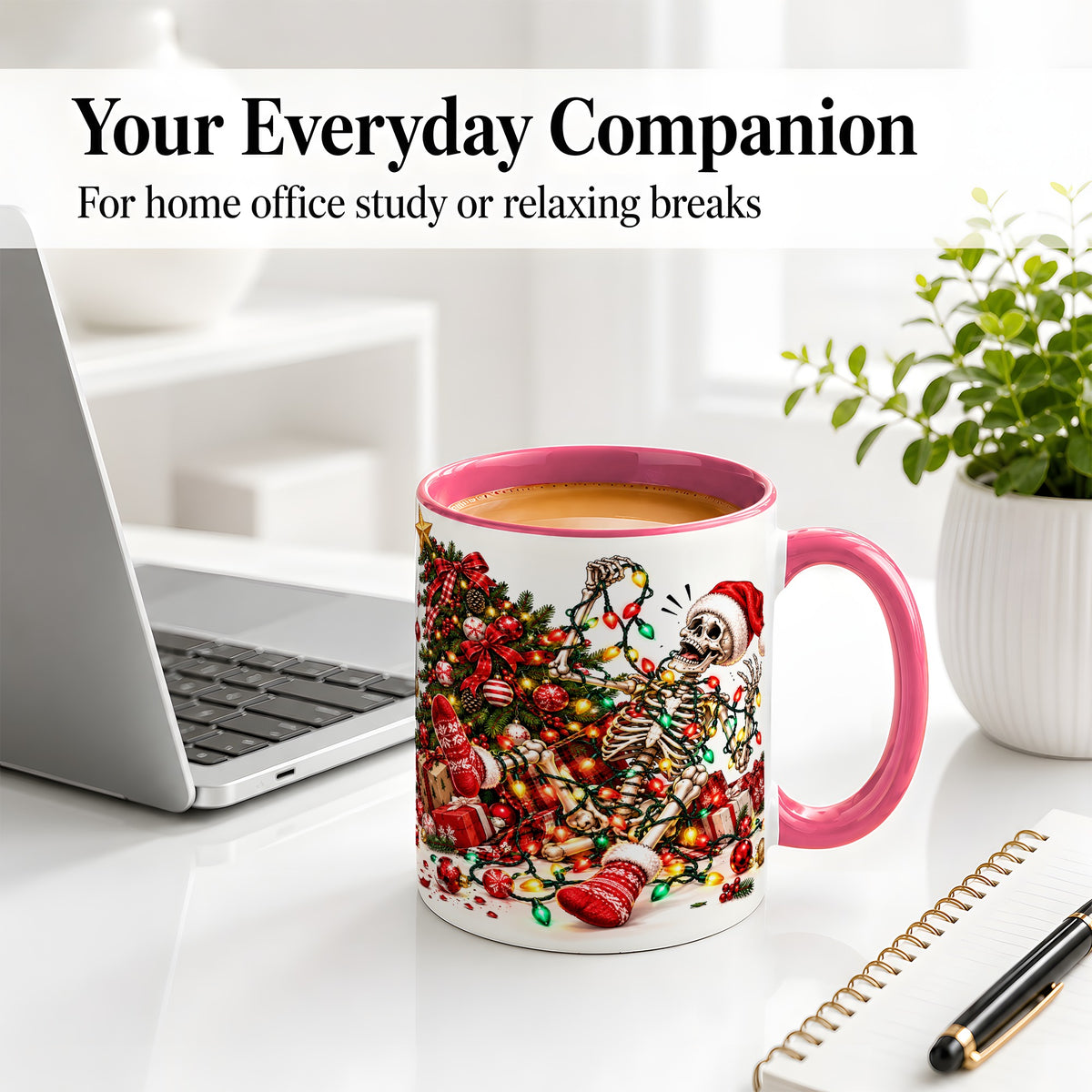#pl[11oz|Pink] Funny Christmas Skeleton Accent Mug, Ceramic Cup with Holiday Lights