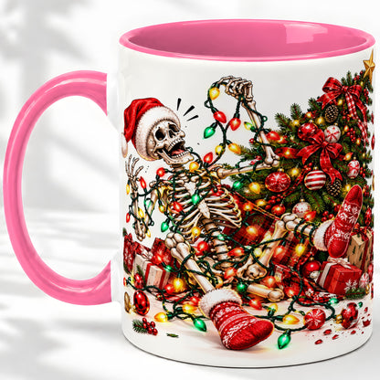 #pl[11oz|Pink] Funny Christmas Skeleton Accent Mug, Ceramic Cup with Holiday Lights