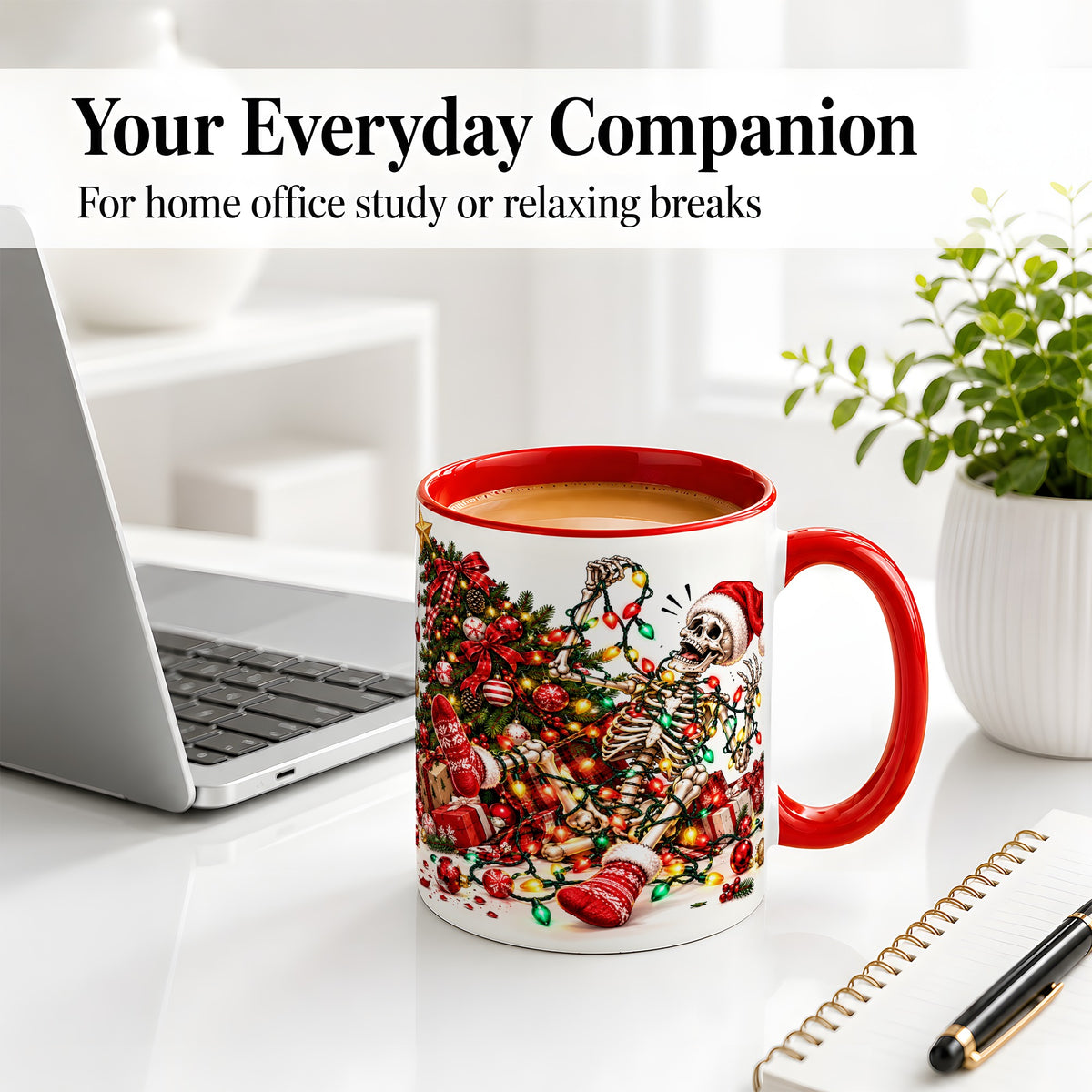 #pl[11oz|Red] Funny Christmas Skeleton Accent Mug, Ceramic Cup with Holiday Lights
