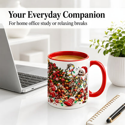 #pl[11oz|Red] Funny Christmas Skeleton Accent Mug, Ceramic Cup with Holiday Lights