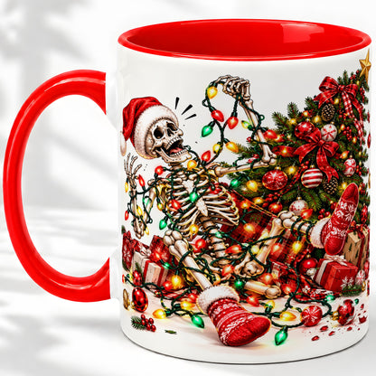 Funny Christmas Skeleton Accent Mug, Ceramic Cup with Holiday Lights