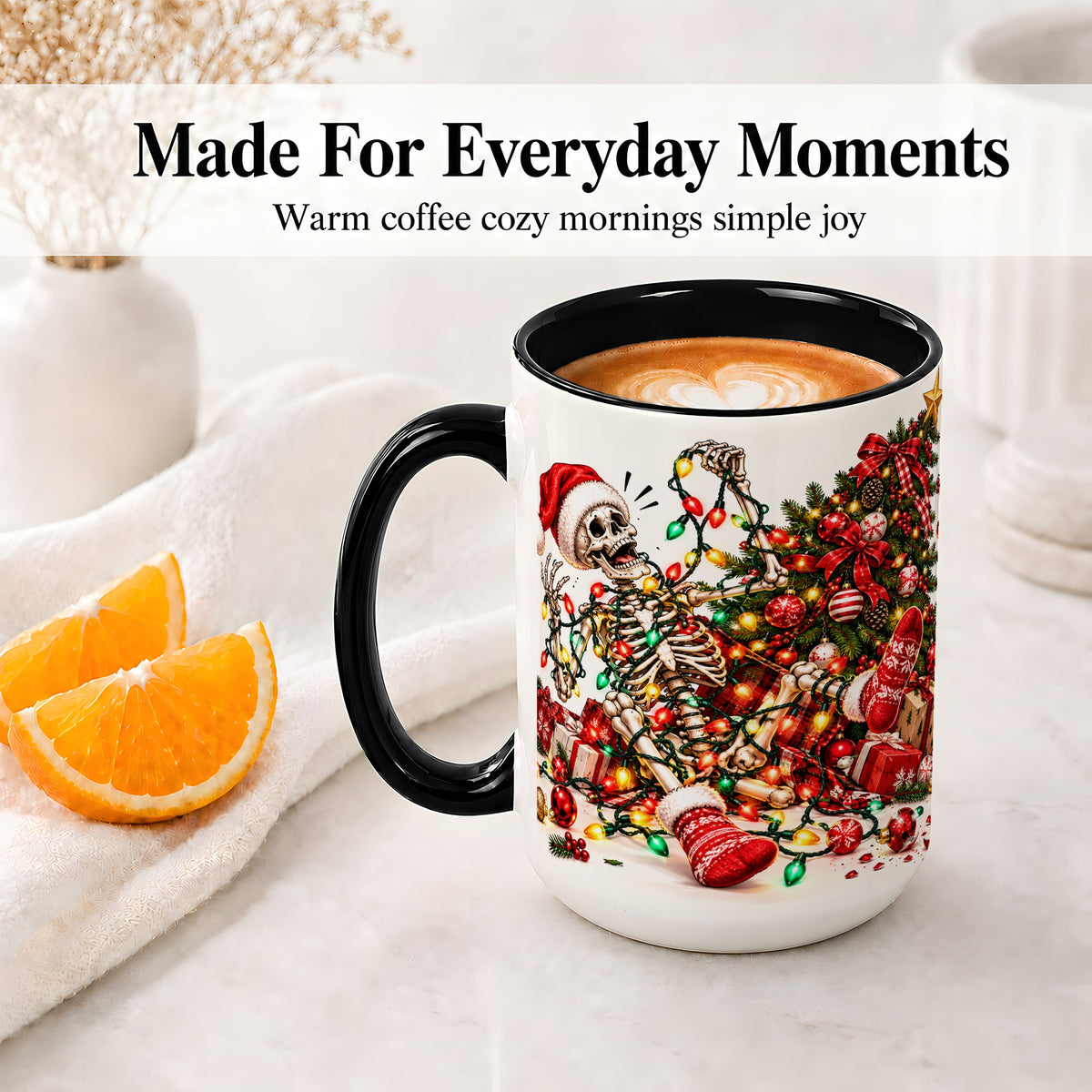#pl[15oz|Black] Funny Christmas Skeleton Accent Mug, Ceramic Cup with Holiday Lights