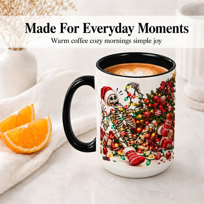 #pl[15oz|Black] Funny Christmas Skeleton Accent Mug, Ceramic Cup with Holiday Lights