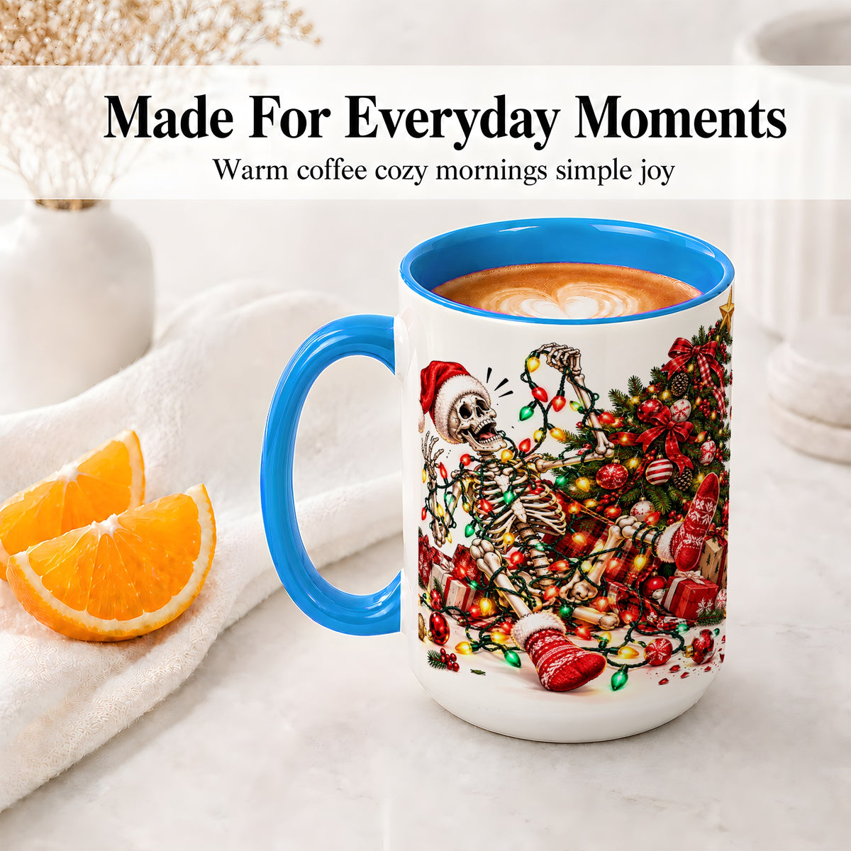 #pl[15oz|Blue] Funny Christmas Skeleton Accent Mug, Ceramic Cup with Holiday Lights