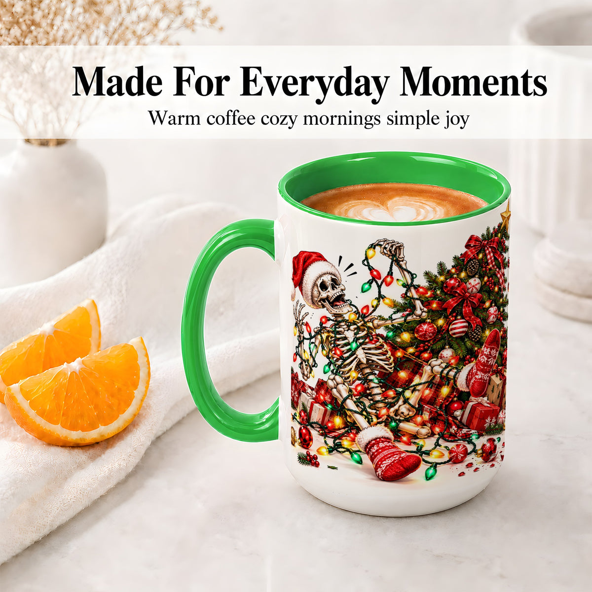 #pl[15oz|Green] Funny Christmas Skeleton Accent Mug, Ceramic Cup with Holiday Lights