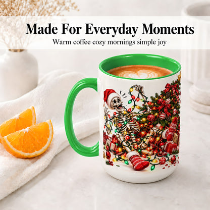 #pl[15oz|Green] Funny Christmas Skeleton Accent Mug, Ceramic Cup with Holiday Lights