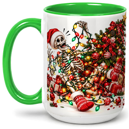 #pl[15oz|Green] Funny Christmas Skeleton Accent Mug, Ceramic Cup with Holiday Lights