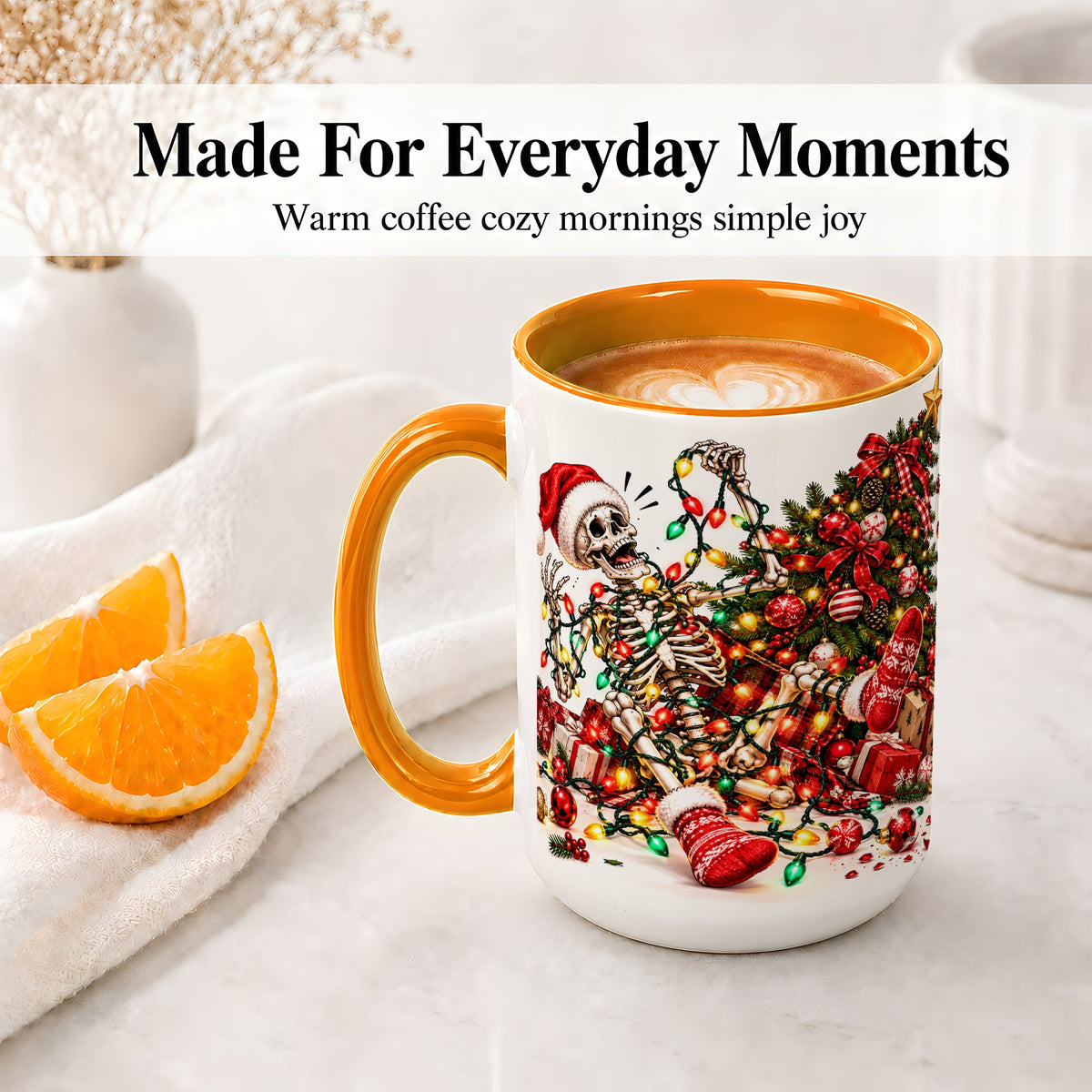 #pl[15oz|Orange] Funny Christmas Skeleton Accent Mug, Ceramic Cup with Holiday Lights
