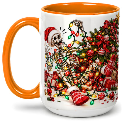 #pl[15oz|Orange] Funny Christmas Skeleton Accent Mug, Ceramic Cup with Holiday Lights