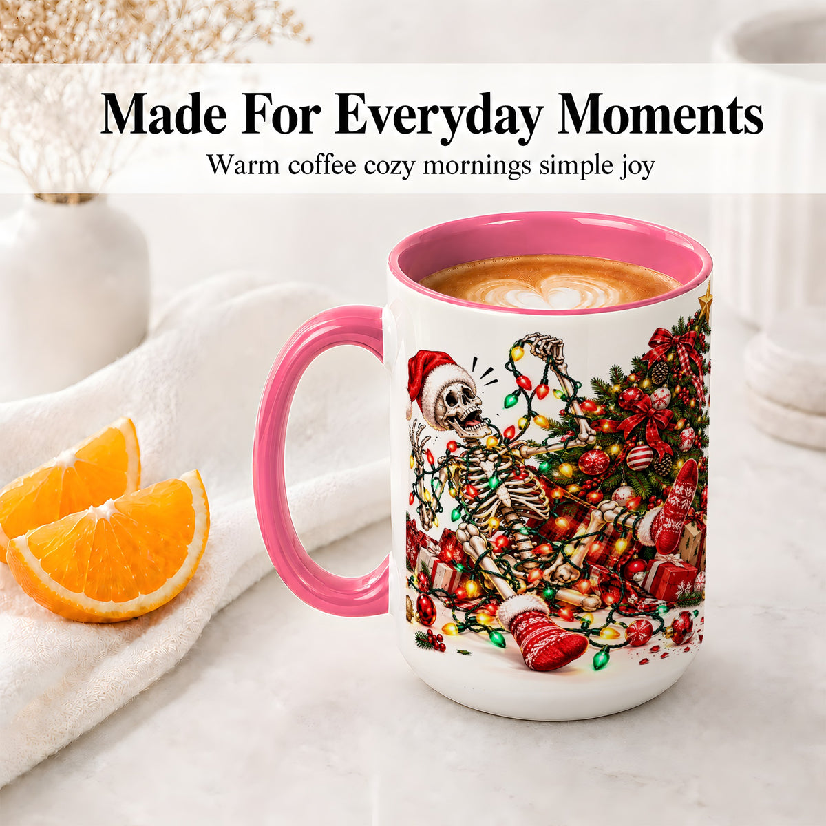 #pl[15oz|Pink] Funny Christmas Skeleton Accent Mug, Ceramic Cup with Holiday Lights