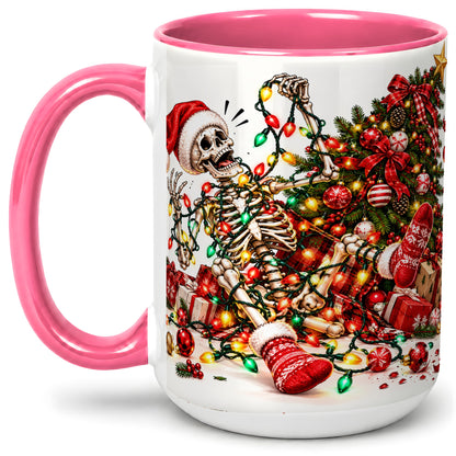 #pl[15oz|Pink] Funny Christmas Skeleton Accent Mug, Ceramic Cup with Holiday Lights