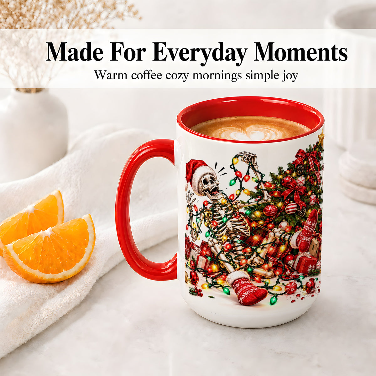 #pl[15oz|Red] Funny Christmas Skeleton Accent Mug, Ceramic Cup with Holiday Lights