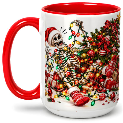 #pl[15oz|Red] Funny Christmas Skeleton Accent Mug, Ceramic Cup with Holiday Lights