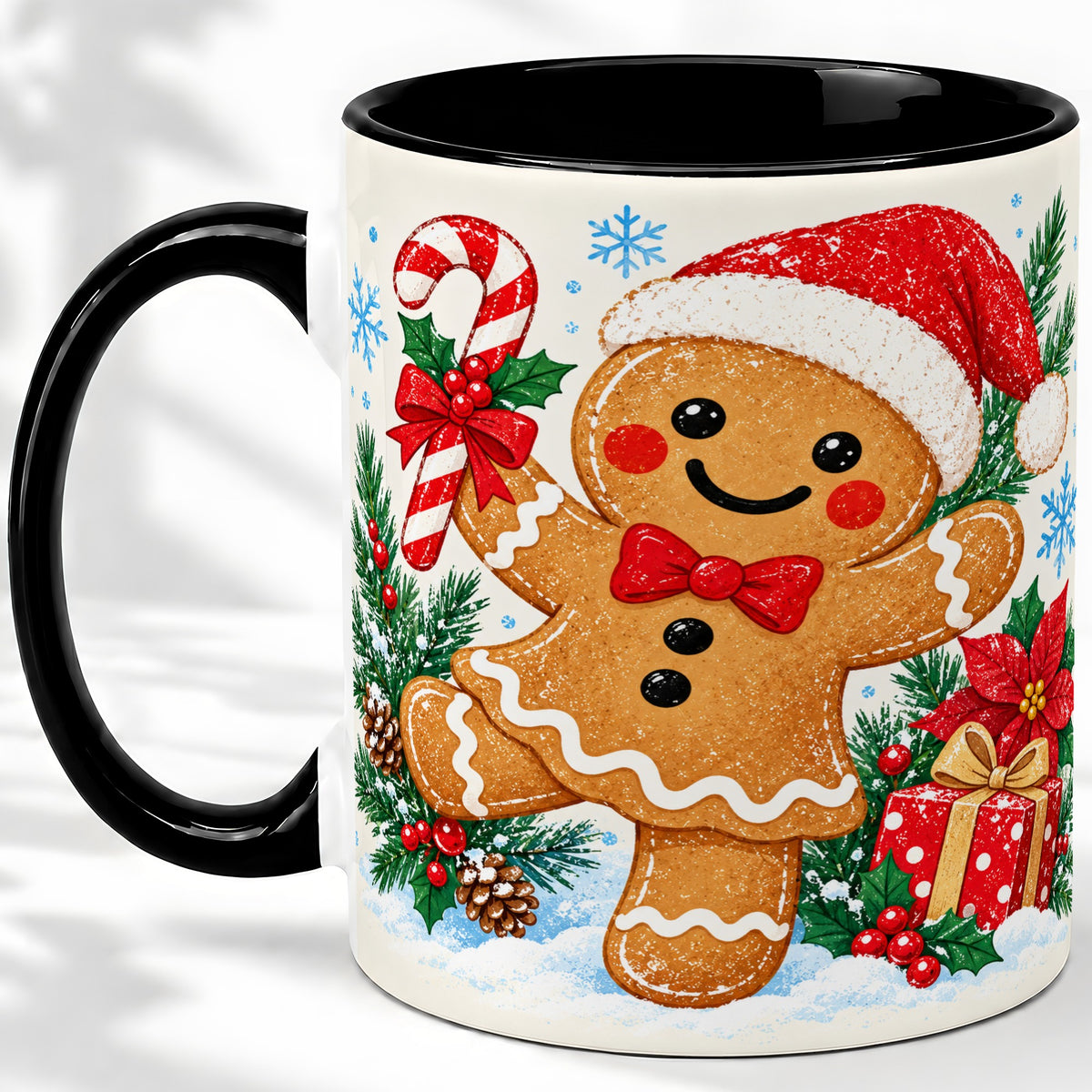 #pl[11oz|Black] Christmas Gingerbread Man Accent Mug, Ceramic Cup with Candy Cane