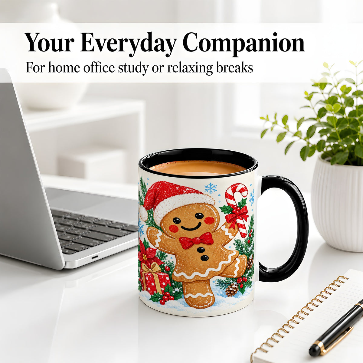 #pl[11oz|Black] Christmas Gingerbread Man Accent Mug, Ceramic Cup with Candy Cane