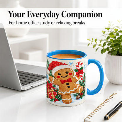 #pl[11oz|Blue] Christmas Gingerbread Man Accent Mug, Ceramic Cup with Candy Cane