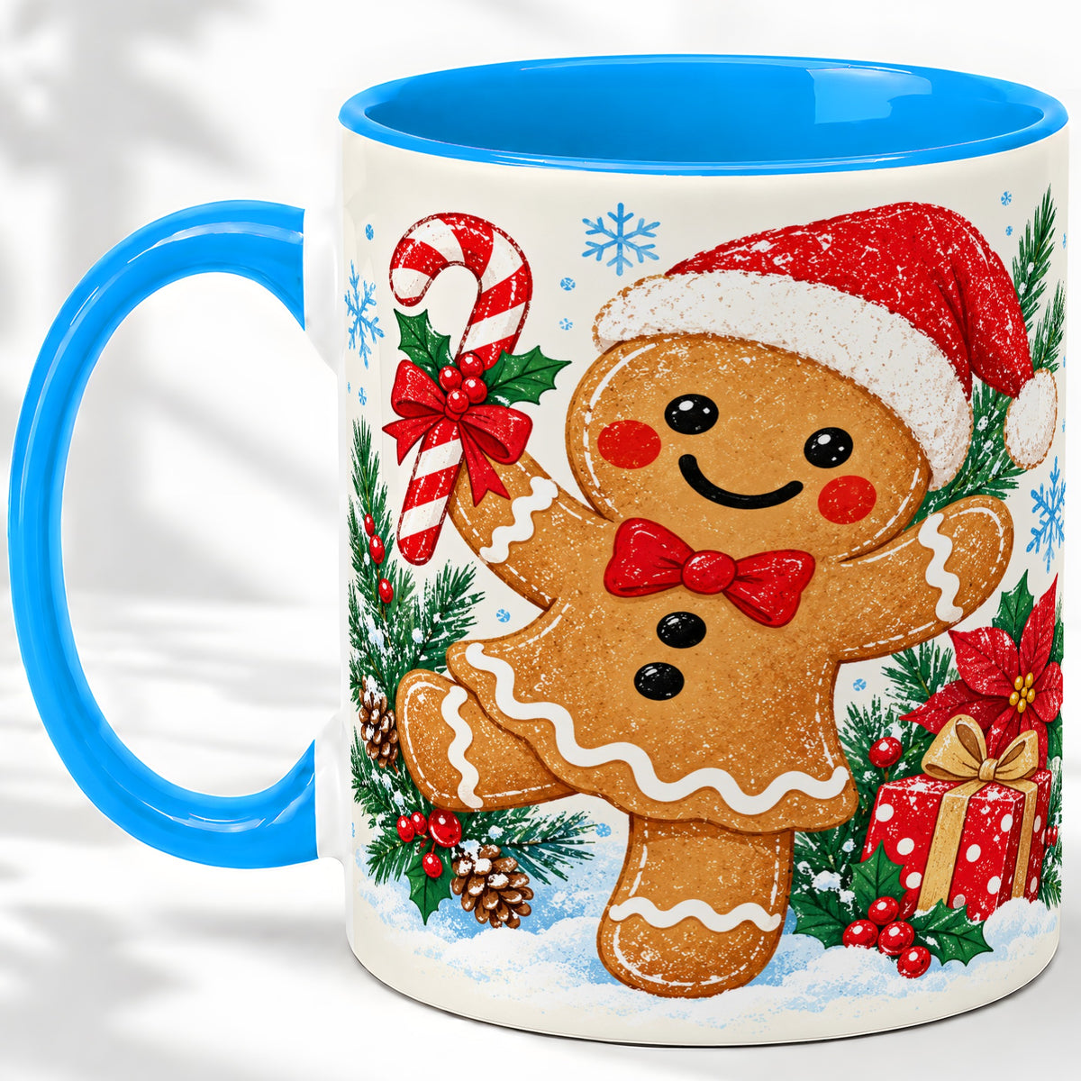 #pl[11oz|Blue] Christmas Gingerbread Man Accent Mug, Ceramic Cup with Candy Cane