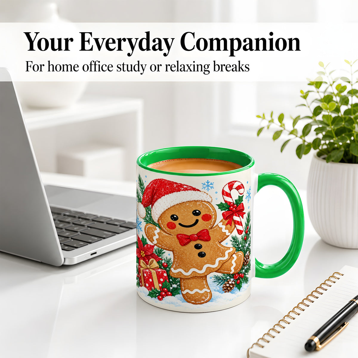 #pl[11oz|Green] Christmas Gingerbread Man Accent Mug, Ceramic Cup with Candy Cane