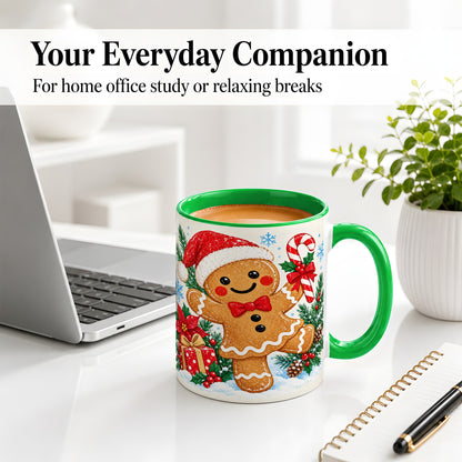 #pl[11oz|Green] Christmas Gingerbread Man Accent Mug, Ceramic Cup with Candy Cane