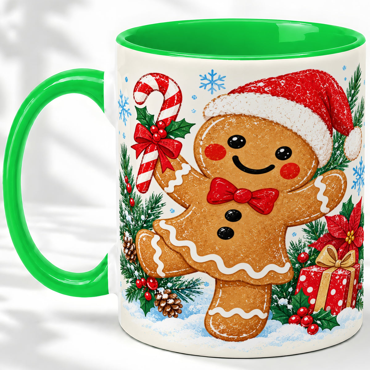 #pl[11oz|Green] Christmas Gingerbread Man Accent Mug, Ceramic Cup with Candy Cane