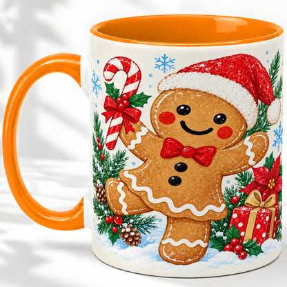 #pl[11oz|Orange] Christmas Gingerbread Man Accent Mug, Ceramic Cup with Candy Cane