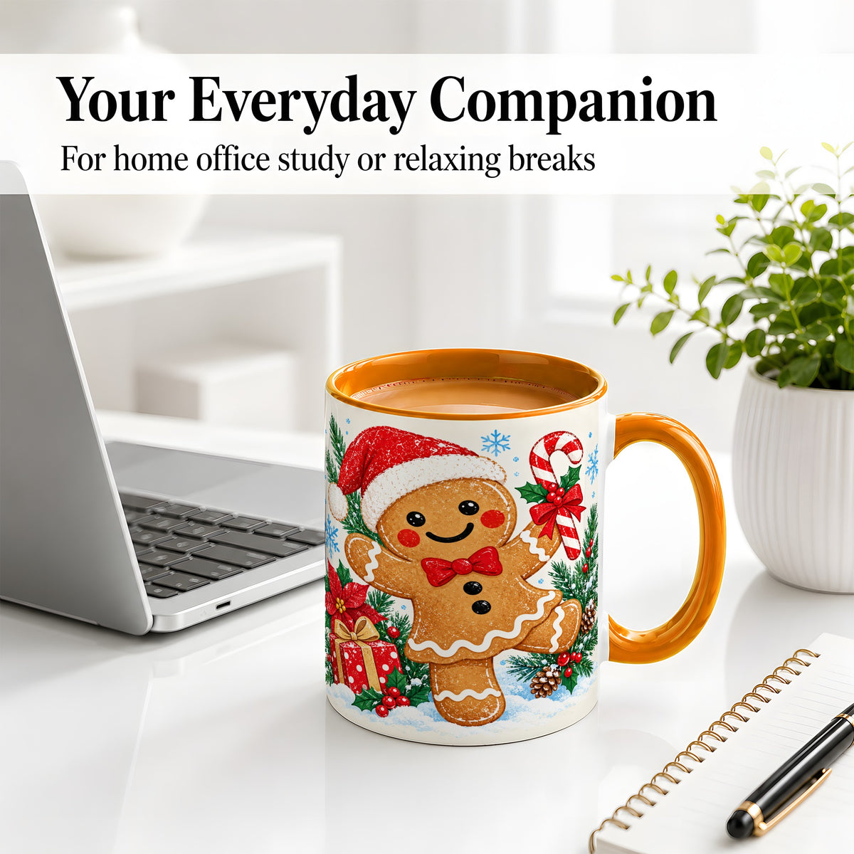 #pl[11oz|Orange] Christmas Gingerbread Man Accent Mug, Ceramic Cup with Candy Cane