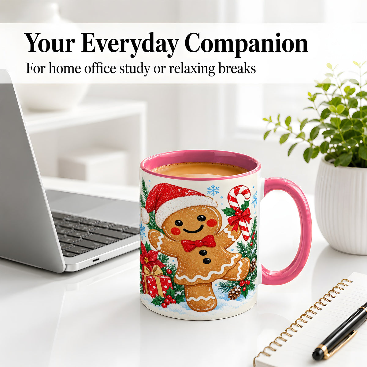 #pl[11oz|Pink] Christmas Gingerbread Man Accent Mug, Ceramic Cup with Candy Cane
